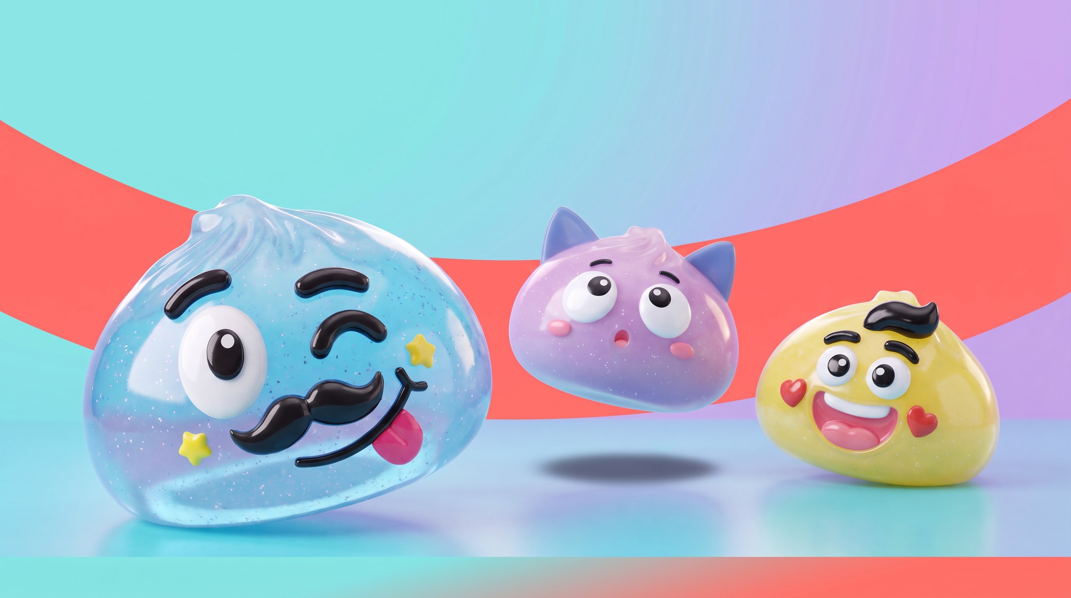 Blue, lilac and yellow Mr Dumpling characters in their colourful play world