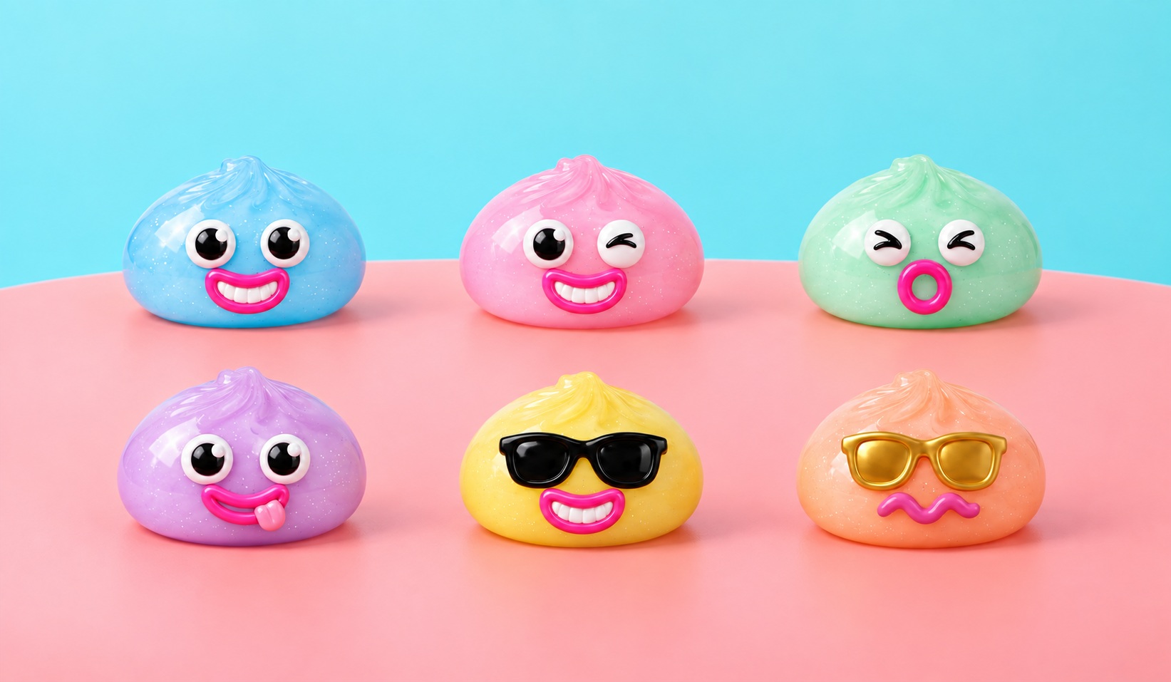 Six current character combinations in blue, pink, mint, lilac, yellow and orange
